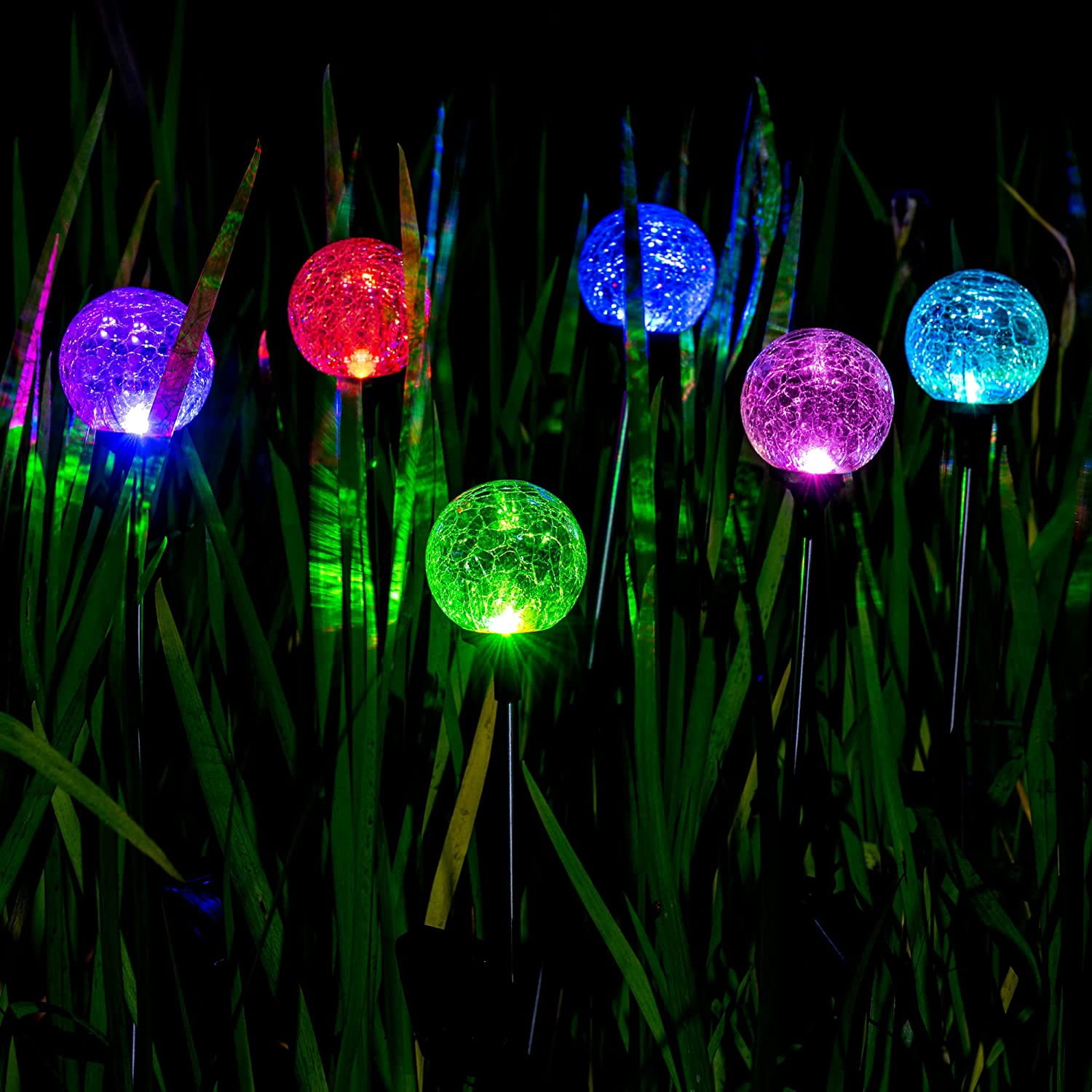 3 Pack Solar Garden Globe Lights Color Changing Cracked Glass Ball Waterproof Outdoor