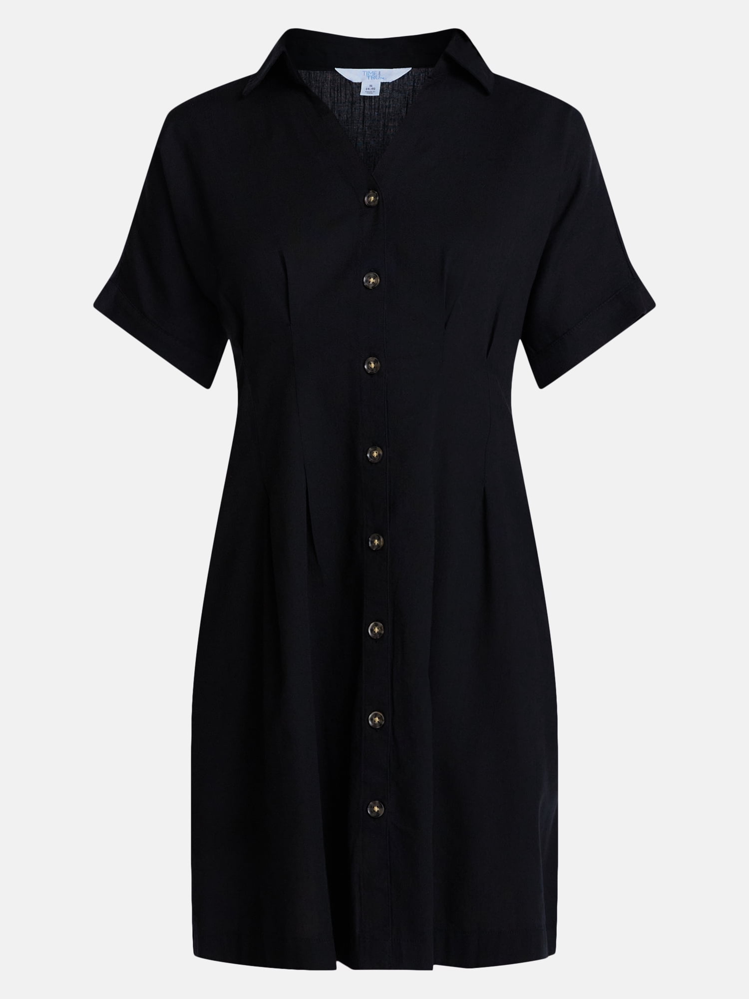 Time and Tru Women's Linen Pleated Waist Fit And Flare Mini Shirt Dress, Sizes XS-XXXL