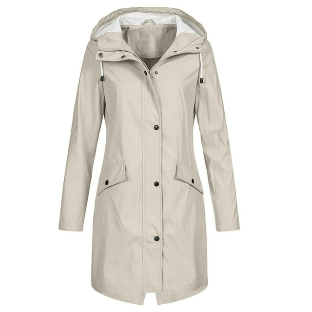DPTALR Women's Solid Color Rain Jacket Outdoor Hooded Windproof Long Coat