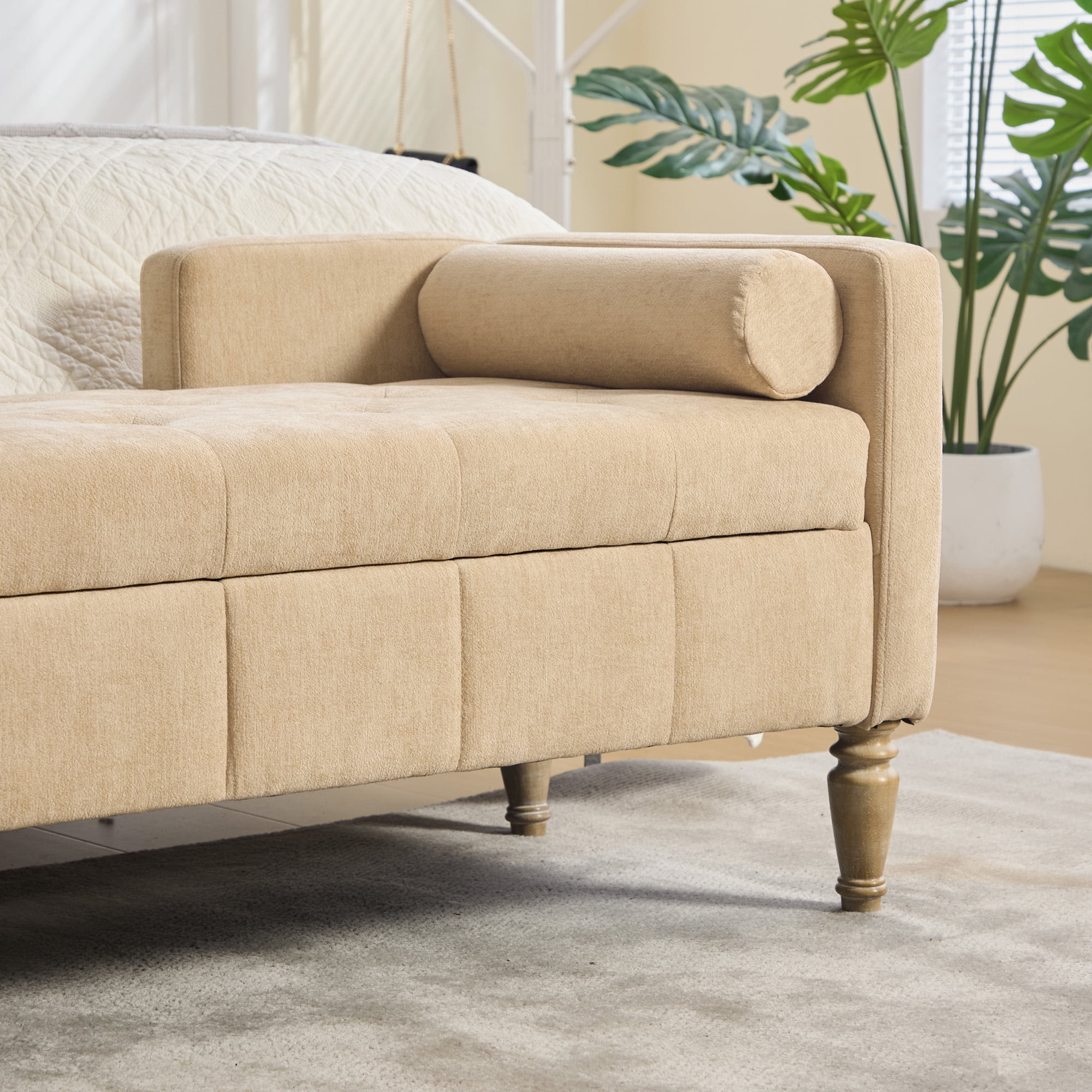 64.6"W Upholstered Chenille Flip-top Storage End of Bed Bench, Tufted Accent Footrest with Armrests&Backrest&2 Bolsters Whitewashed Rubberwood Legs for Living Room, Hallway, Entryway Bedroom