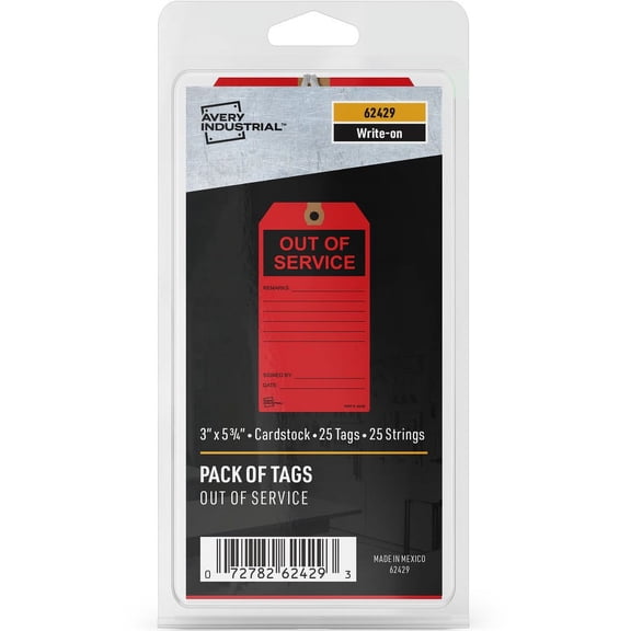 Avery; Preprinted OUT OF SERVICE Red Service Tags - 5.75" Length x 3" Width - 25 / Pack - Card Stock - Red | Bundle of 5 Packs