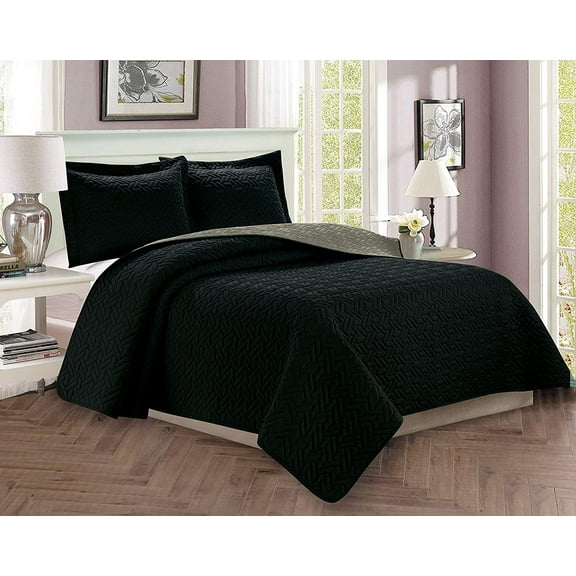 Celine Linen 3-Piece Bedspread Coverlet Quilted Set with Shams - Full/Queen, Black/Gray