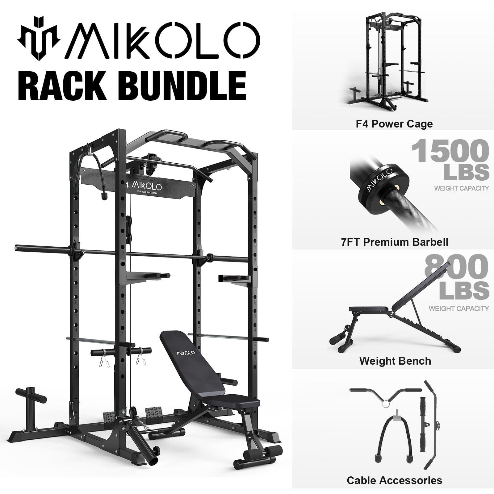 Power Cage - Black / Weight Bench - Black / Barbell - Black