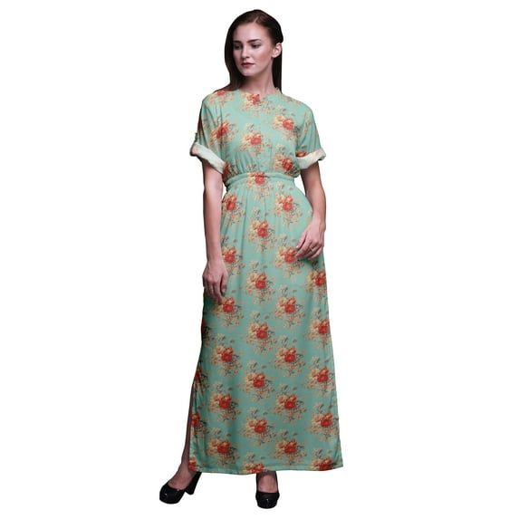 Bimba Rayon Leaves & Floral Ladies Long Gown Boho Beach Cocktail Party Maxi Slit Dress-XX-Large