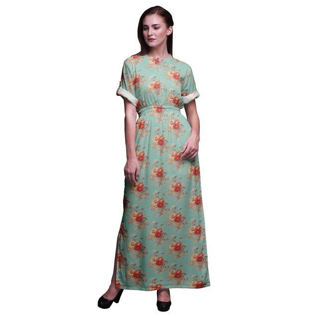 Bimba Robe Longue en Rayonne Feuilles & Floral pour Femmes Boho Plage Cocktail Fête Robe Fendue maxi-TTTG