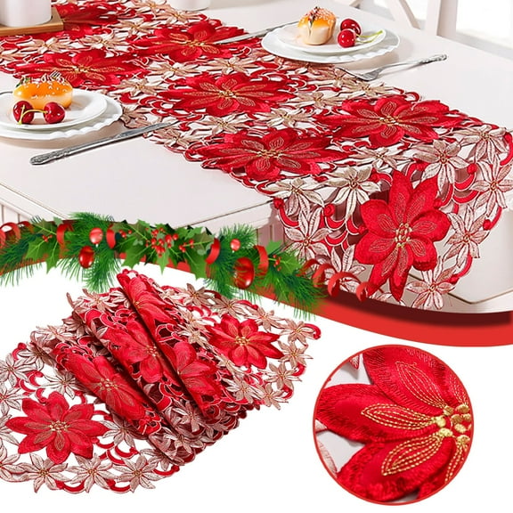 MRULIC Table Cloth Christmas Embroidered Table Runner Luxury Holly Poinsettia Table Runner For Christmas Decorations 15 X 70 Inch Red