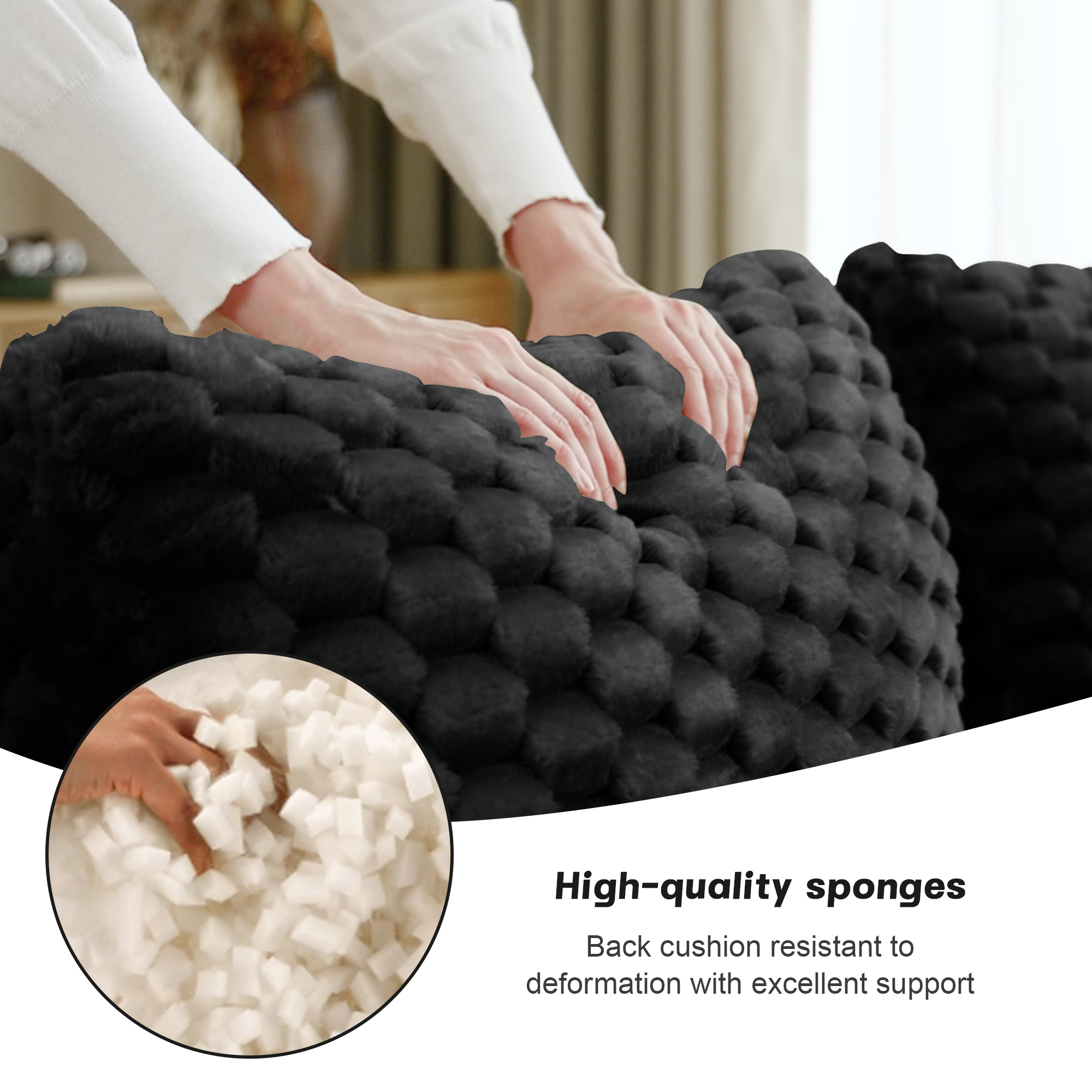 MAYEERTY 146" L-Shaped Modular Couch, Textured Flannelette, Movable Ottoman, Anti-Slip, No Assembly, Black