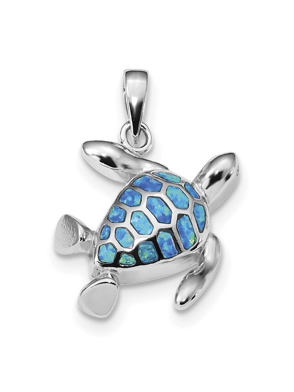 Sterling Silver Blue Inlay Created Opal Turtle Pendant Charm