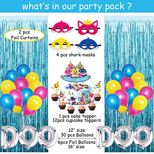 Banner Includes Shark Masks Shark Party Supplies for Baby Toppers Foil Curtains Table Cloth 77 pcs Shark Theme Birthday Party Decorations for Kids Little Shark Balloons Hanging Swirl 