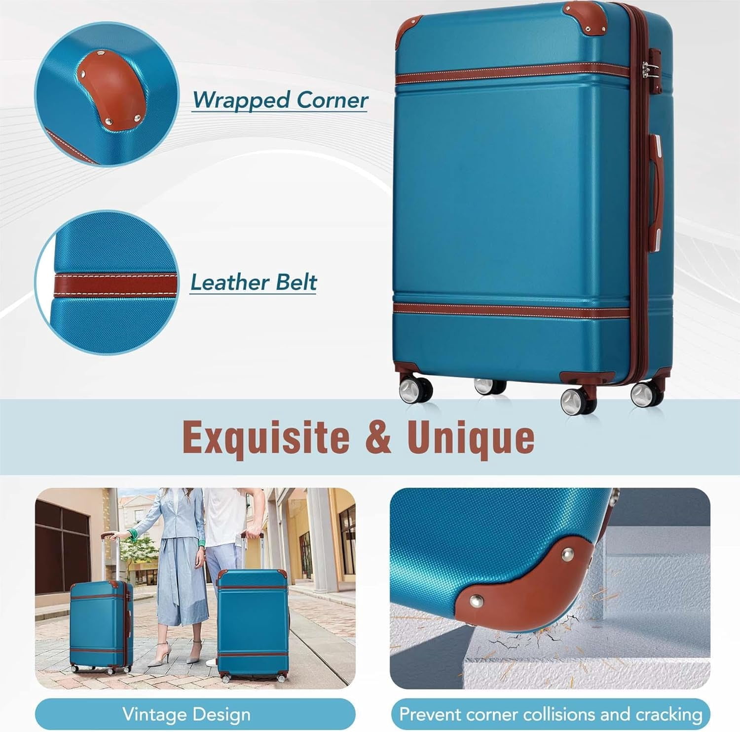 LuxyHoom 4 Piece Hardshell Luggage Sets with TSA Lock, Spinner Suitcase w Cosmetic Case, Lightweight Black ABS, 360° Wheels, Expandable Travel Business Luggage for Women, Men, Kids12",20",24",28" Blue