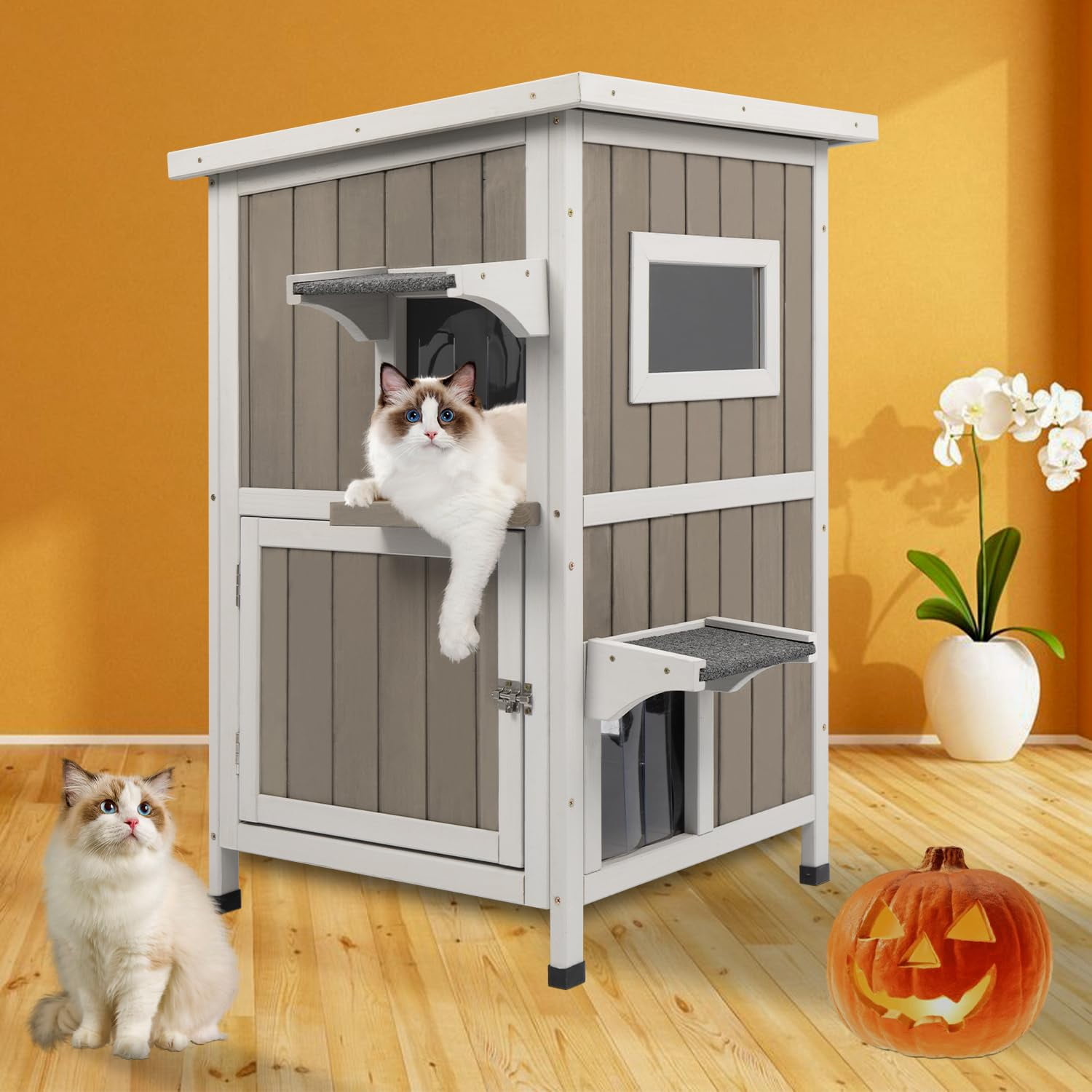 PETSCOSSET Outdoor Cat House, Two-Story Feral Cat Shelter with Asphalt Roof