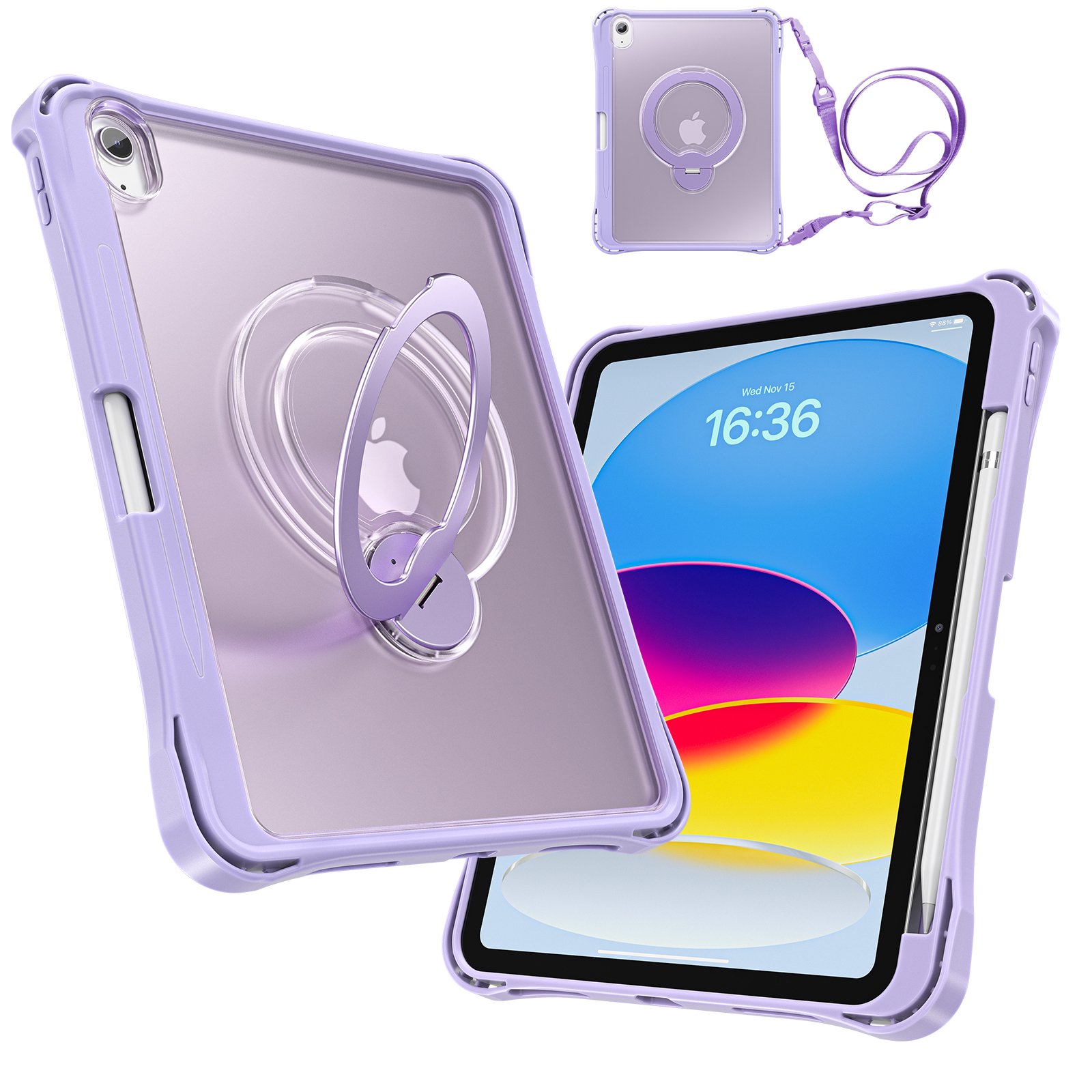 Mynvo Rugged Case for Apple iPad A16 11th Generation 11" 2025/ iPad 10th Generation 10.9" 2022, with Rotating Stand & Shoulder Strap Pencil Holder Shockproof Clear Back Cover