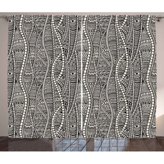 Ambesonne Black and White Curtains 2 Panel Set, Ethnic Ornament, 108" x 63", Black White