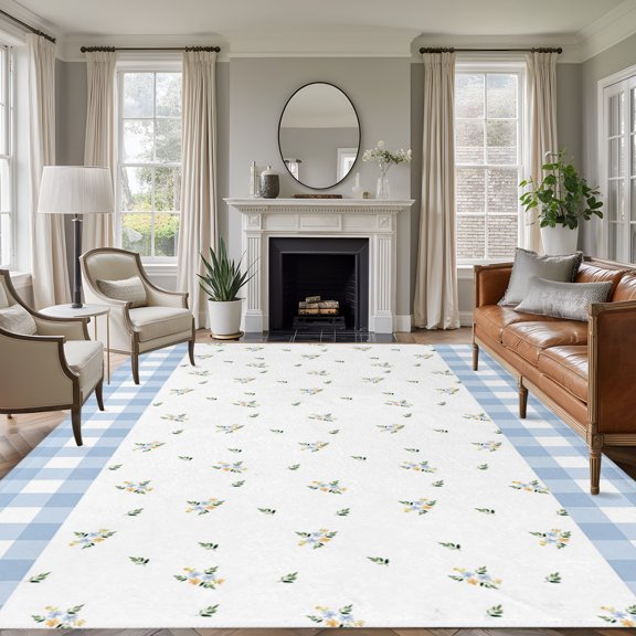 Blue Flowers 5'x7' Area Rug, Rustic Botanical Plants Buffalo Checkered Washable Non-Slip Soft Rugs, Low-Pile Large Carpet for Living Room Bedroom Dining Room, Non-Shedding Accent Rug