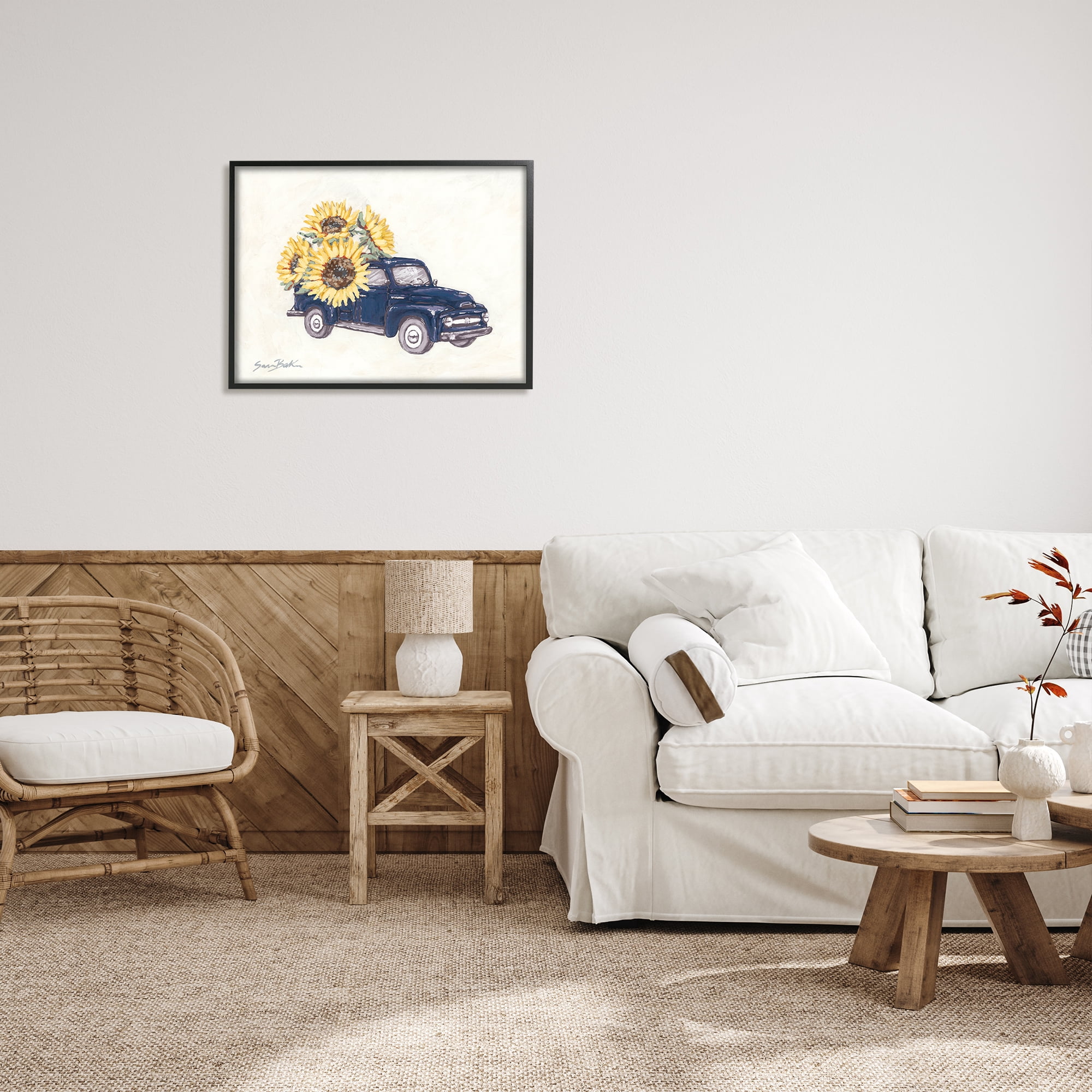 Stupell Industries Country Truck with Sunflowers Botanical & Floral Painting Black Framed Art Print Wall Art, 30 x 24