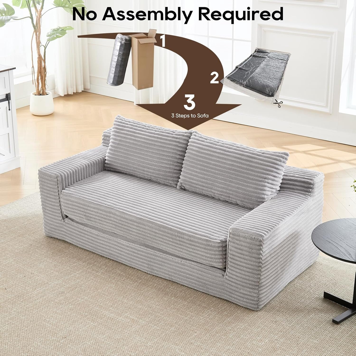 70.87" W Cloud Lounge Memory Foam Corduroy Convertible Folding and No Assembly Loveseat Sofa Bed,Grey