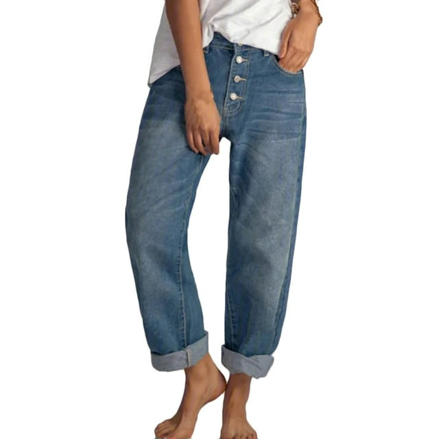 Timegard Jean Pants for Women Straight Leg Button Classic Denim Trousers with Pockets Fall Fashion