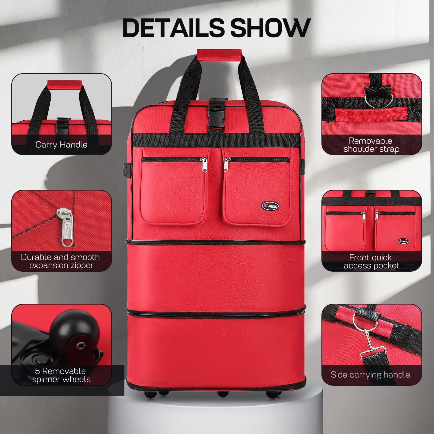 36" Expandable Foldable Luggage Bag Suitcase with 5 Swivel Wheels Collapsible Rolling Travel Bag for Home Storage Moving,Red - EX