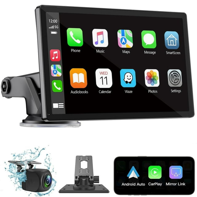 Pantalla CarPlay inalámbrica de 7 pulgadas HD para coche con estéreo portátil táctil Apple CarPlay Android Auto enlace espejo cámara trasera Bluetooth GPS navegación y AUX para todo tipo de vehículos