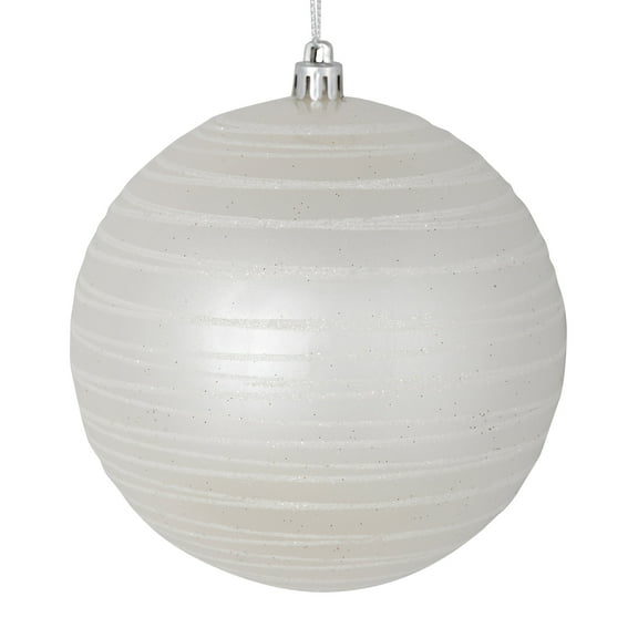 Vickerman 4" White Candy Finish Ball Ornament with Glitter Lines, 4 per Bag