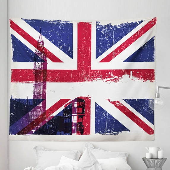 Union Jack Tapestry, Grungy Aged UK Flag Big Ben Double Decker Country Culture Historic Landmark, Fabric Wall Hanging Decor for Bedroom Living Room Dorm, 5 Sizes, Multicolor, by Ambesonne