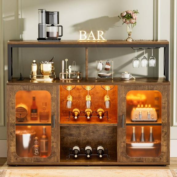 Homieasy Multipurpose Bar Cabinet with Power Outlet & LED Lights - Freestanding Liquor Storage with Glass Holders and Racks for Home Kitchen, Rustic Brown(Model G2)