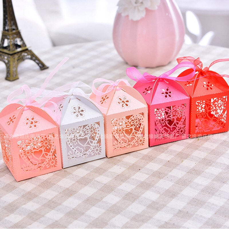 25/50/100 Love Heart Laser Cut Candy Gift Boxes With Ribbon Wedding Party Favor 