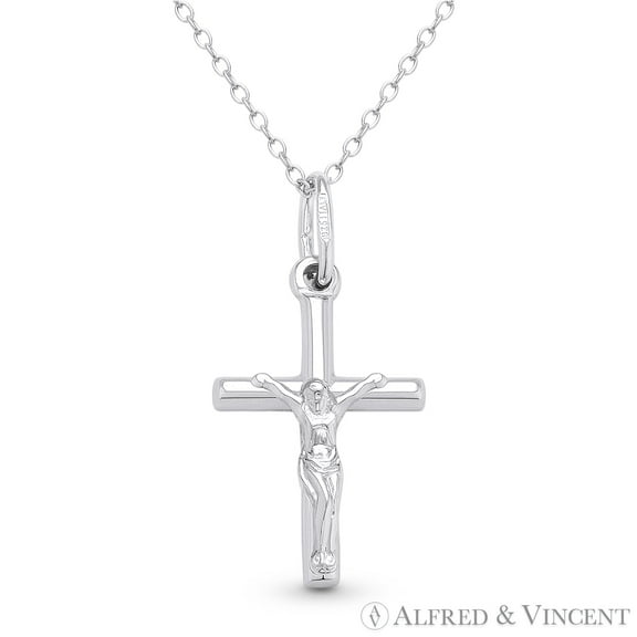 Jesus on Crucifix Catholic Latin Cross & Chain Necklace in .925 Sterling Silver w/ Rhodium