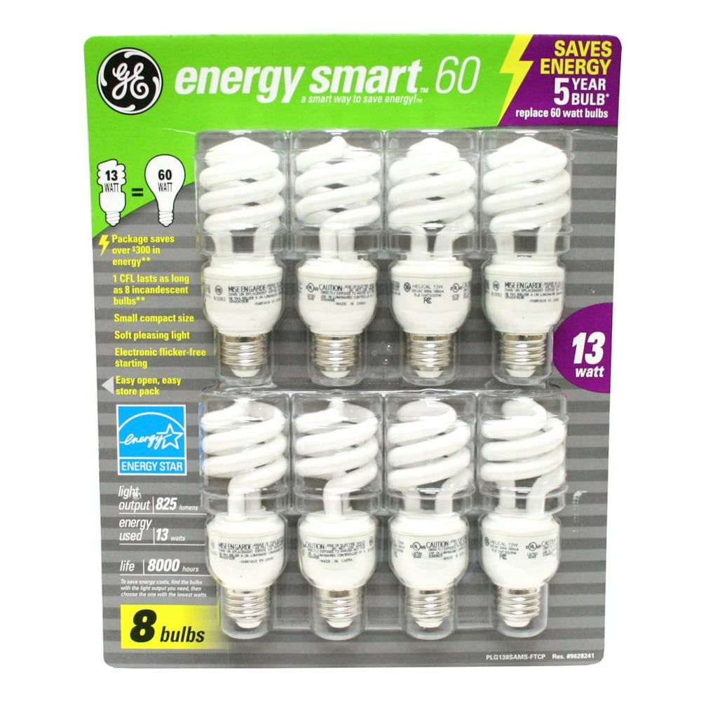 GE 13Watt Energy Smart Fluorescent Light Bulbs, 8 Pack, 60 Watt