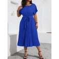 thumbnail image 3 of Royal Blue Plus Size Crew Neck Short Sleeve All-Over Print Casual Front Tie Midi Dress, 3 of 6