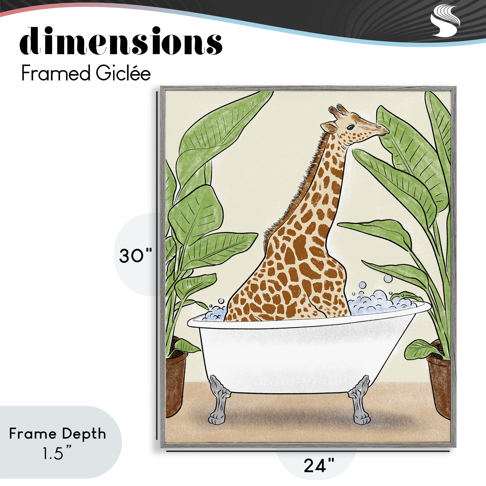 Stupell Industries Bathing Giraffe & Plants Gray Framed Giclee Art, design by Marcus Prime