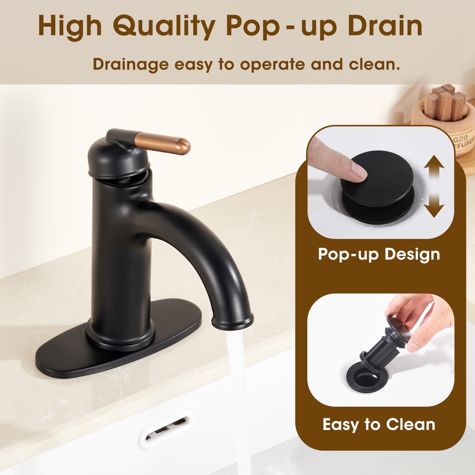 Wowkk Bathroom Faucet Rose Gold Matte Black Bathroom Sink Faucets Single Handle Vanity Faucet Pop-Up Drain Included, Modern RV Faucet with Water Supply Line and Deck Mount 1 Hole or 3 Hole