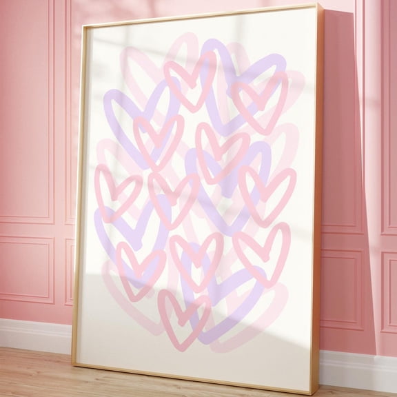 Pink Purple Preppy Hearts Print, Trendy Wall Art, Girly Dorm Room Decor, College Apartment, Abstract Hearts Print, UNFRAMED PAPER POSTER, Home Decor, Vintage Gift, Living Room Dercor