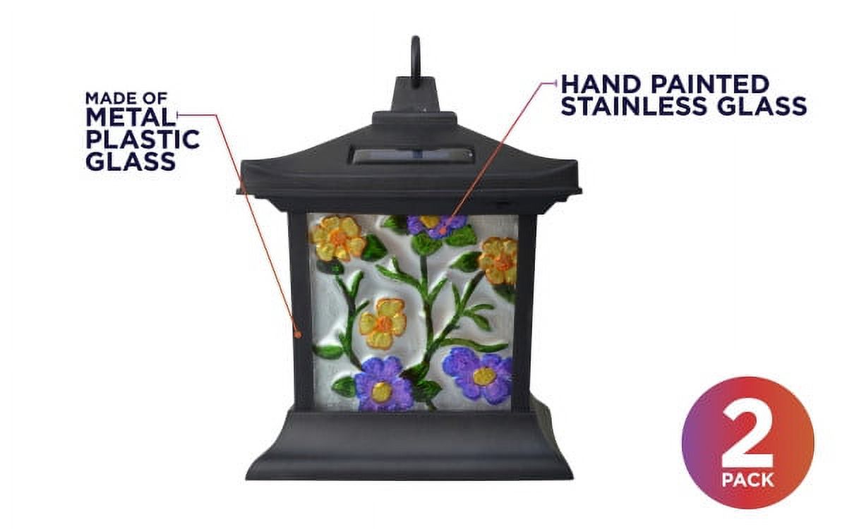 Moonrays 92276 Solar Powered Hanging Floral Stained Glass LED Lantern, 24-Inch Above Ground Height On The Shepherd’s Hook Made from Metal and Plastic, Rechargeable Battery Included - image 3 of 10