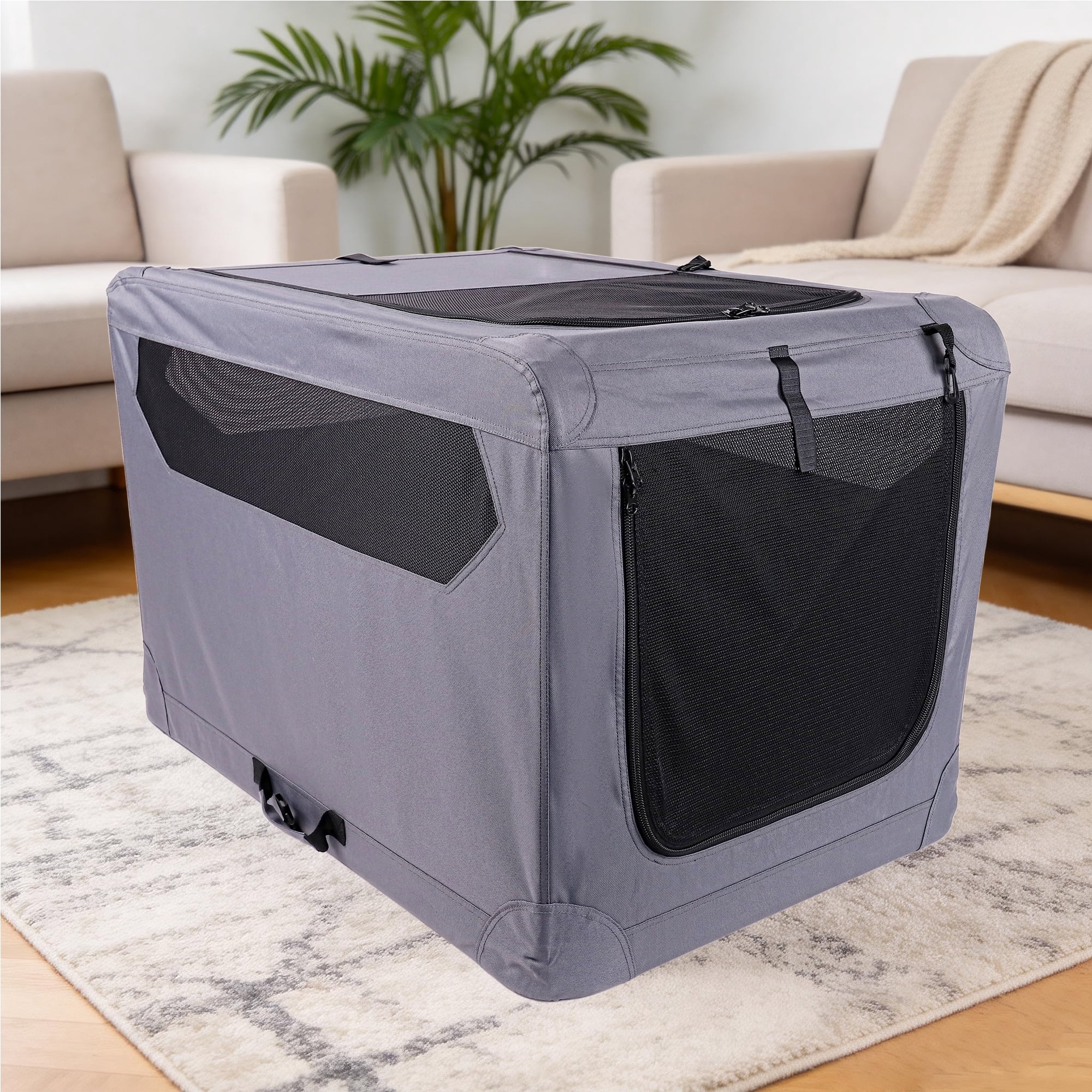 Vibrant Life Dog Crate, Foldable, Soft Sided, Breathable Mesh, 3 Zippered Doors, Gray, 36"