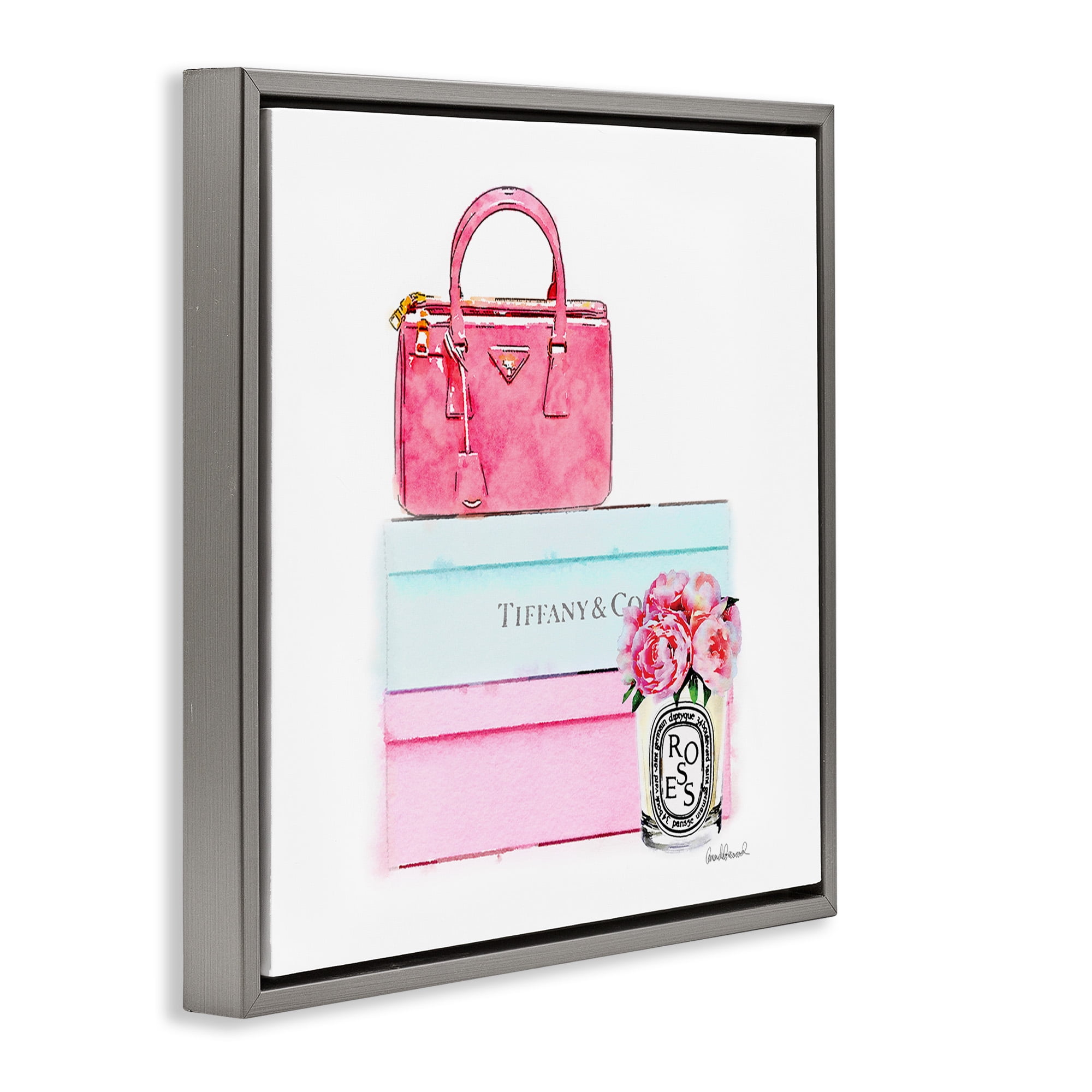Stupell Industries Fashion Box & Roses Beauty & Fashion Painting Gray Floater Framed Canvas Art Print Wall Art, 18 x 18