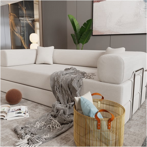 JERFIT Convertible Sofa Bed for Small Spaces, 2-Seater Foldable Futon Couch with Storage Pillows, Beige Corduroy Upholstery, Modern Apartment Living Room Furniture