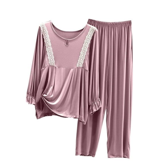 KIHOUT Conjunto de pijama de dos piezas de verano para mujer, liso, de talla grande, con cuello redondo, manga corta y pantalones capri con cintura elástica, holgado y cómodo, conjunto de pijama