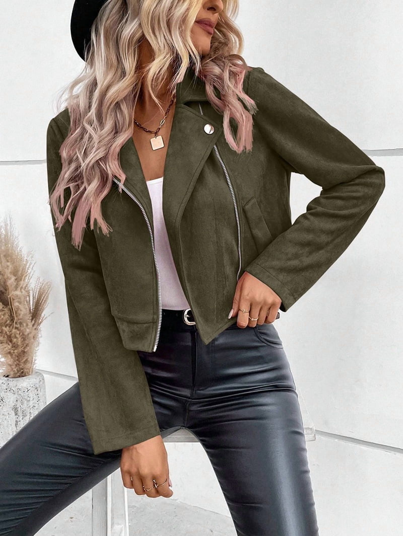 Women'S Cropped Zipper Long Sleeve Suede Faux Leather Blazer Jacket Autumn Fashion Outerwear Green M
