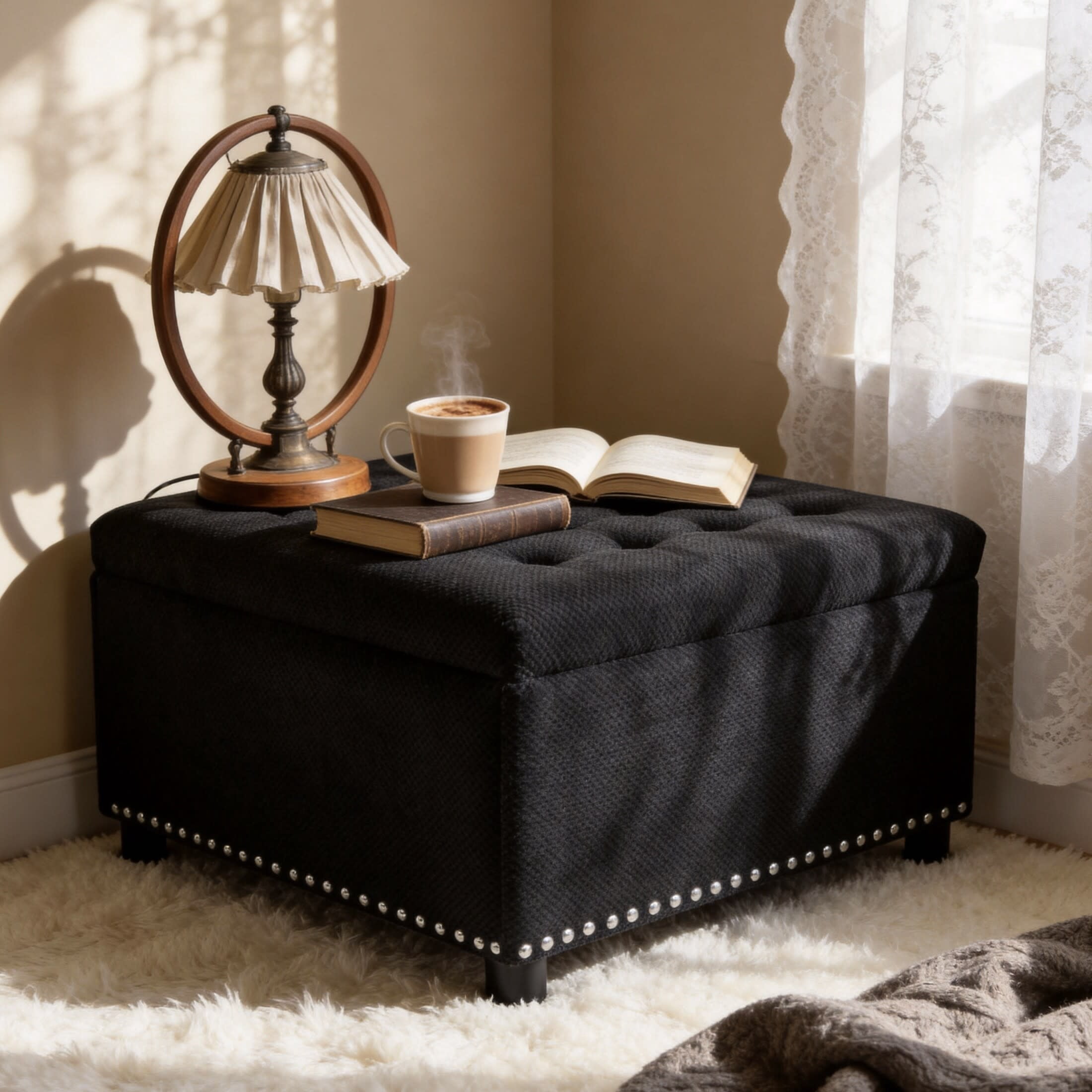 Noble House 30" Square Storage Ottoman with Tufted Top, Nailhead Trim, Black