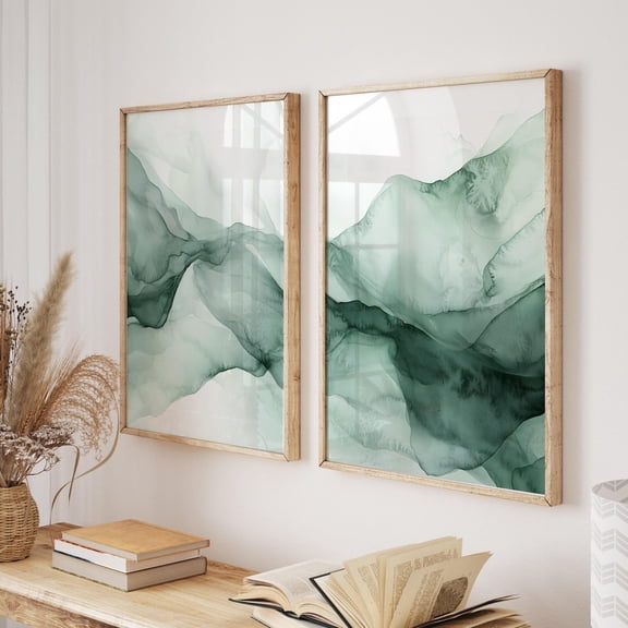 Luvia Green Abstract Poster 2 Piece, Sage Green Set Of 2 Abstract Room Artwork, , Modern Wall Decor Set 2 Prints 8x12 UNFRAMED