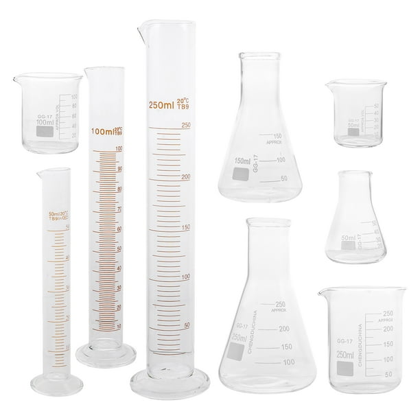 Juego de 9 piezas de material de laboratorio (vaso de precipitados de vidrio, probeta y frasco cónico)