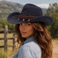 thumbnail image 2 of OOOUM Breathable Cowboy Hat For Men Women Woven Band Metal Charms Sun Hat Festival Outdoor Vacation Cowgirl Hat Navy, 2 of 4