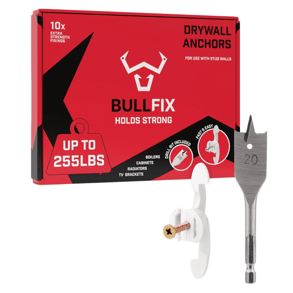 Bullfix Extra Drywall Anchors, Holds up to 293lbs, Hollow Wall Anchors & 13 to 16 Inch Drill Bit, Steel, 10 Starter Pack