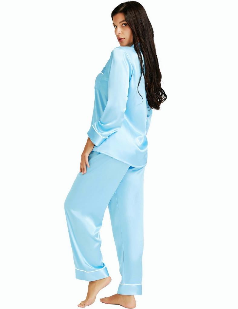 KCW Women's Satin Silk Pajamas Set - Long Sleeve Button-Down Top & Pants With Pockets, Mist Blue, XX-Large