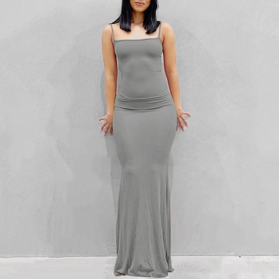 Idoravan Womens Sleeveless Dresses Sexy Women's Fashion Sexy Sleeveless Solid Round Neck Camies Ladies Vest Long Dress