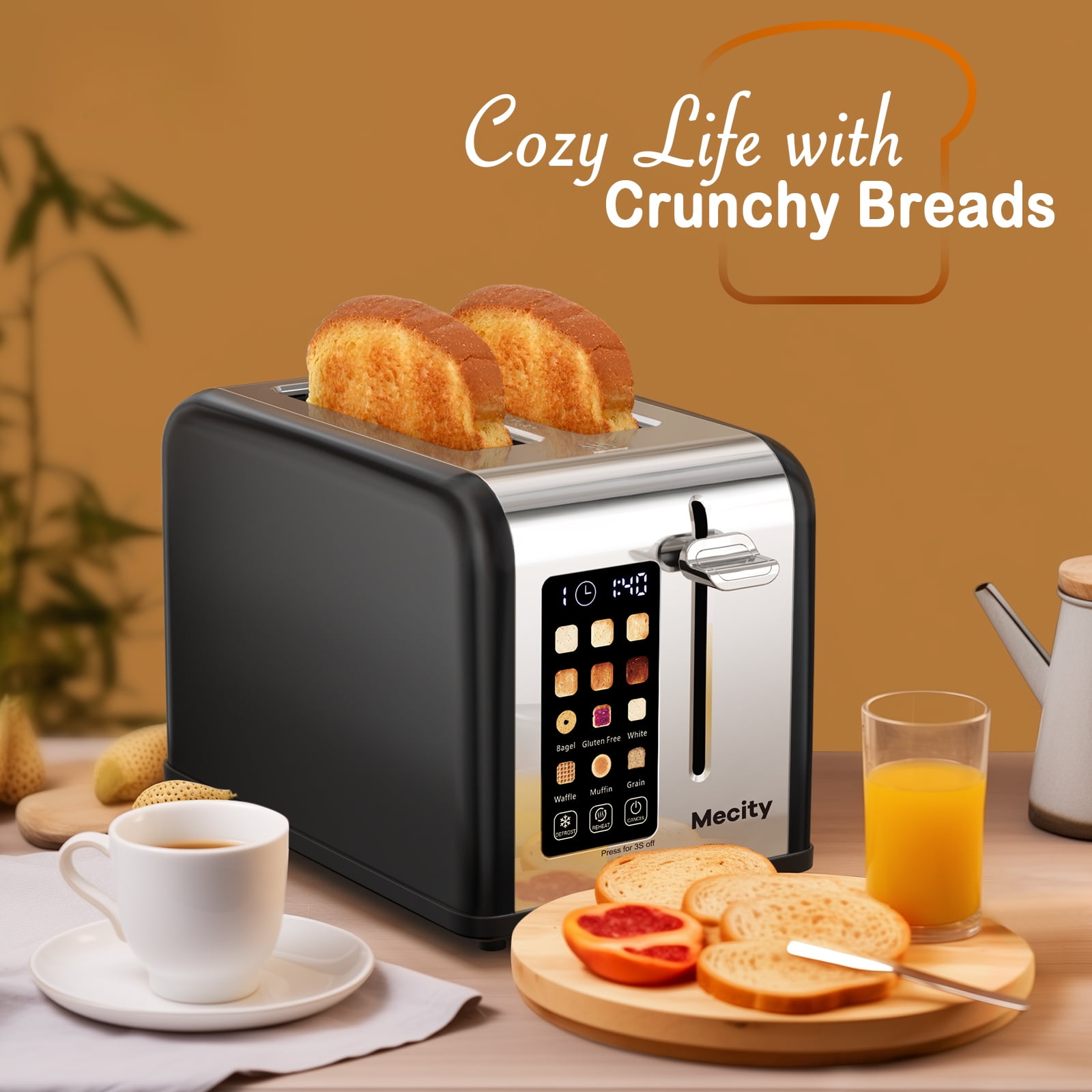 Mecity Touchscreen 2-Slice Toaster, Stainless Steel, Wide Slots, 6 Shade Settings, Reheat & Defrost, Black