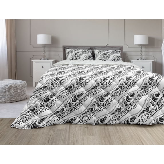 Abstract Comforter & Sham Bedding Set, Animal Skin Patterns Monochrome Zebra Panther Lion and Other Creatures, 3 pcs Duvet Set Microfiber Filling Quilt, 5 Sizes, Black White, by Ambesonne