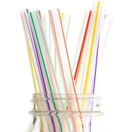 250 Pack of Extra Wide Straws with Pointed End for Spearing Fruit or Boba Tea Bubbles. Each Striped, Individually Wrapped, BPA-Free 8.5in Long Straight Straw is Great for Tall Milkshakes or