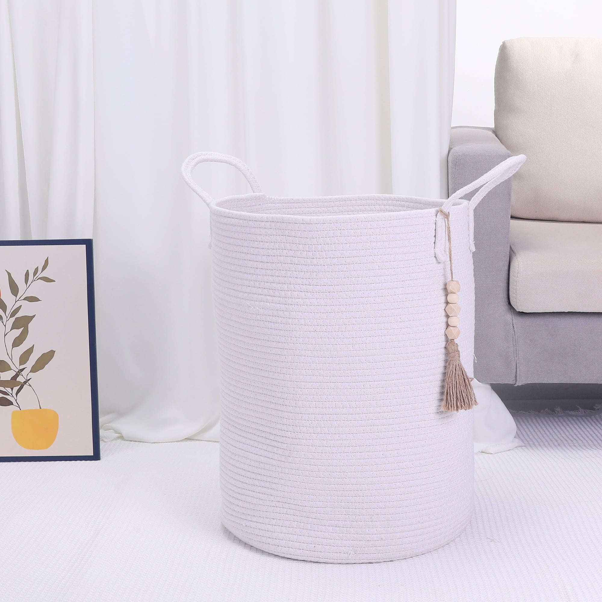 Unique Bargains Woven Storage Bin with Handle and Tassel Beads Storage Basket White